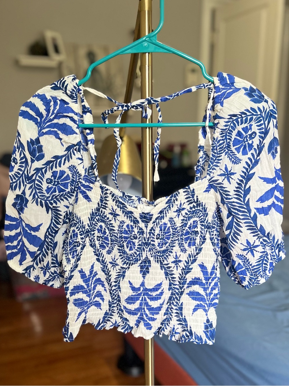 H&M Blue and White Smocked Puff-Sleeve Crop Top with Back Tie
